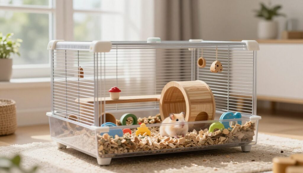 A spacious and well-equipped Syrian hamster cage, designed to accommodate their behaviors and size. In the foreground, showcase a cozy, multi-level enclosure with tunnels, wheels, and rich bedding. Include small toys and hideaways for stimulation. In the middle ground, illustrate the bright, inviting interior with natural light streaming in from a nearby window, highlighting the soft textures of bedding and colorful accessories. The background features a serene room setting with soft neutral colors, creating a warm and comfortable atmosphere. The scene should feel lively yet peaceful, emphasizing the harmony between the hamster habitat and the natural environment. Use a shallow depth of field to focus on the cage details, ensuring a clear and engaging composition.