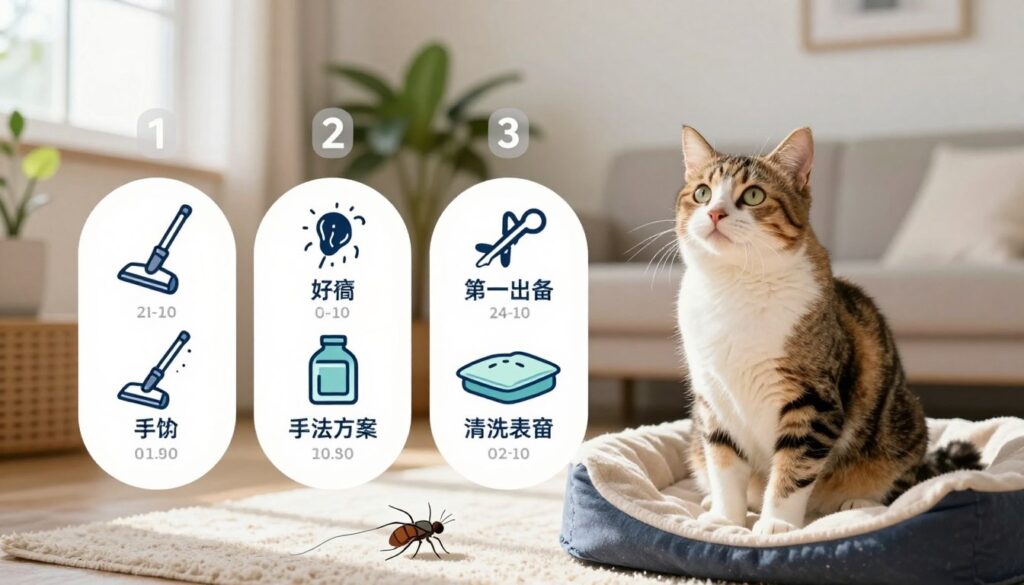 A step-by-step action plan to eliminate fleas from a domestic cat, depicted in a well-organized infographic style. In the foreground, show a cat with a healthy coat, sitting on a comfortable pet bed, looking alert and content. In the middle layer, illustrate a clear, numbered checklist detailing the actions taken, such as vacuuming, using flea treatments, and washing pet bedding. The background features a living room scene with sunlight streaming in through a window, creating a warm and inviting atmosphere. A houseplant adds a touch of liveliness, while a faint outline of a flea crosses the bottom of the image, emphasizing the problem being addressed. Use soft, natural lighting to enhance the welcoming mood. A step-by-step action plan to eliminate fleas from a domestic cat, depicted in a well-organized infographic style. In the foreground, show a cat with a healthy coat, sitting on a comfortable pet bed, looking alert and content. In the middle layer, illustrate a clear, numbered checklist detailing the actions taken, such as vacuuming, using flea treatments, and washing pet bedding. The background features a living room scene with sunlight streaming in through a window, creating a warm and inviting atmosphere. A houseplant adds a touch of liveliness, while a faint outline of a flea crosses the bottom of the image, emphasizing the problem being addressed. Use soft, natural lighting to enhance the welcoming mood.