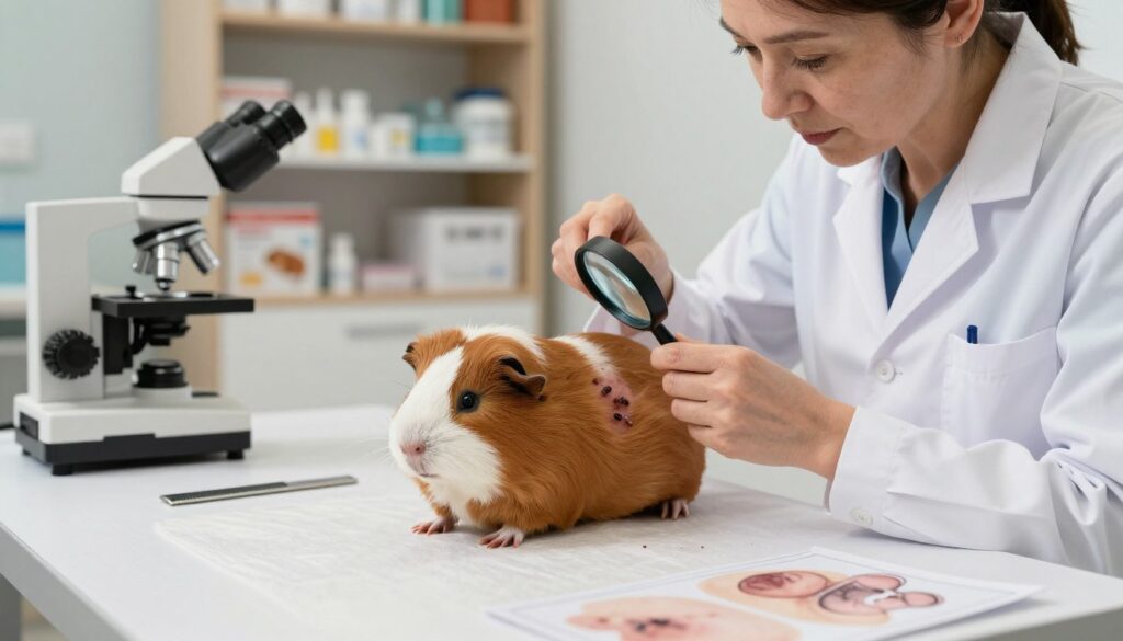 A veterinarian in a modern clinic examining a guinea pig for signs of lice infestation. In the foreground, the veterinarian, a middle-aged woman wearing a lab coat and comfortable shoes, is carefully inspecting the guinea pig’s fur with a magnifying glass, showing areas of irritation on the skin. In the middle, the guinea pig, a fluffy brown and white specimen, is nestled on a clean examination table. Surrounding them are veterinary tools, such as a comb, a microscope, and skin examination charts. The background features shelves filled with medical supplies and pet care books, gently illuminated by soft, warm lighting to create a calm, professional atmosphere. The angle is slightly elevated to provide a clear view of the examination in progress. A veterinarian in a modern clinic examining a guinea pig for signs of lice infestation. In the foreground, the veterinarian, a middle-aged woman wearing a lab coat and comfortable shoes, is carefully inspecting the guinea pig’s fur with a magnifying glass, showing areas of irritation on the skin. In the middle, the guinea pig, a fluffy brown and white specimen, is nestled on a clean examination table. Surrounding them are veterinary tools, such as a comb, a microscope, and skin examination charts. The background features shelves filled with medical supplies and pet care books, gently illuminated by soft, warm lighting to create a calm, professional atmosphere. The angle is slightly elevated to provide a clear view of the examination in progress.