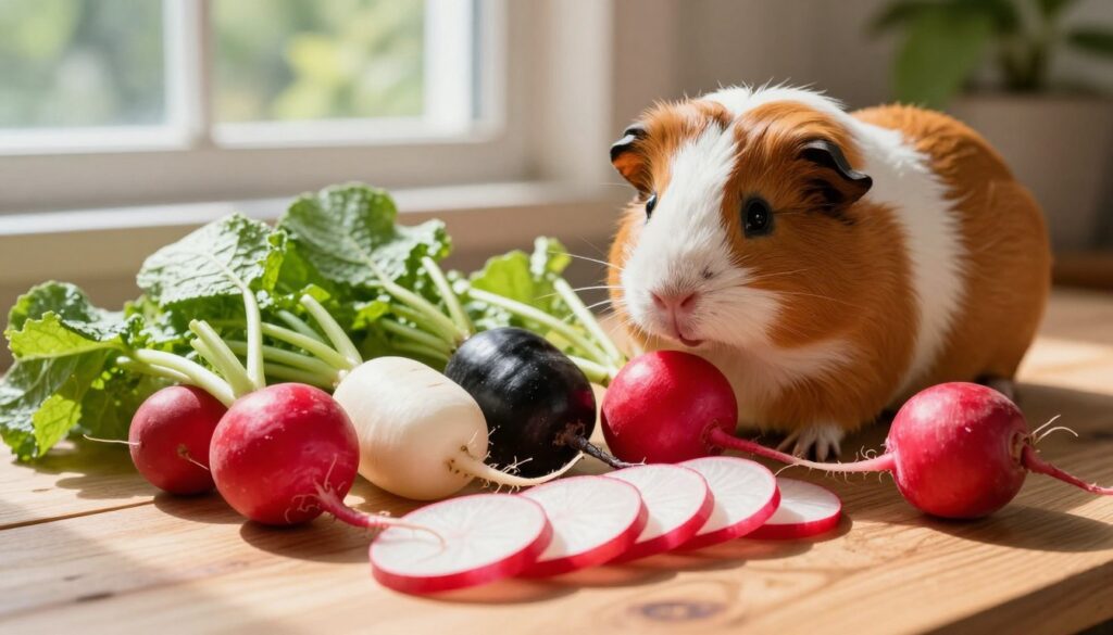 A vibrant and colorful depiction of radishes placed on a wooden table, showcasing their fresh and crisp nature. In the foreground, a variety of radishes, including red, white, and black, are sliced open to reveal their juicy interiors. Light, soft shadows play across the scene, illuminated by warm, natural sunlight filtering through a nearby window, creating a welcoming, cozy atmosphere. In the middle ground, a cute guinea pig curiously inspects a whole radish, emphasizing its role as a potential companion to these nutritious vegetables. In the background, lush green leaves and soft-focus garden elements provide a harmonious, organic vibe, highlighting the freshness of the subject matter. The overall mood is bright, engaging, and educational, inviting the viewer to explore the nutritional values of radishes for guinea pigs.