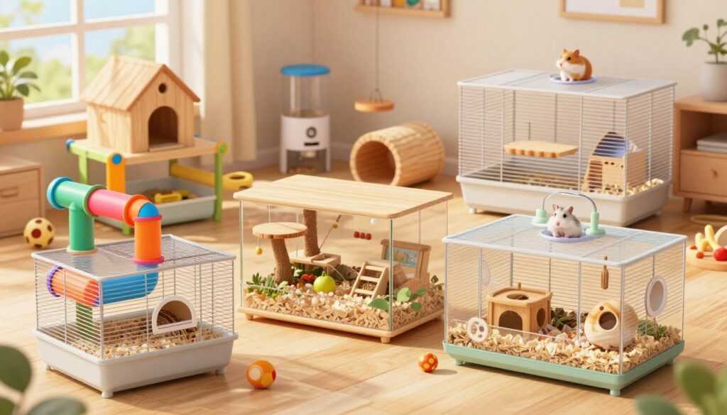 A vibrant and detailed illustration showcasing various types of hamster cages and terrariums suited for a Syrian hamster in 2026. In the foreground, display an array of different cage designs - a multi-level hamster cage with colorful connecting tubes, a spacious and naturalistic terrarium filled with soft bedding and climbing structures, and a minimalist glass enclosure with elegant accessories. In the middle ground, include elements like toys, food dispensers, and tunnels, arranged to highlight the ideal environment for a pet hamster. The background should feature a softly lit room setting, with natural light streaming in through a window, creating a warm and inviting atmosphere. Use a wide-angle lens effect to capture the depth of the scene, emphasizing the comfort and safety of the hamster habitats. The mood should be cheerful and informative, appealing to pet owners seeking the best options for their pets. A vibrant and detailed illustration showcasing various types of hamster cages and terrariums suited for a Syrian hamster in 2026. In the foreground, display an array of different cage designs - a multi-level hamster cage with colorful connecting tubes, a spacious and naturalistic terrarium filled with soft bedding and climbing structures, and a minimalist glass enclosure with elegant accessories. In the middle ground, include elements like toys, food dispensers, and tunnels, arranged to highlight the ideal environment for a pet hamster. The background should feature a softly lit room setting, with natural light streaming in through a window, creating a warm and inviting atmosphere. Use a wide-angle lens effect to capture the depth of the scene, emphasizing the comfort and safety of the hamster habitats. The mood should be cheerful and informative, appealing to pet owners seeking the best options for their pets.