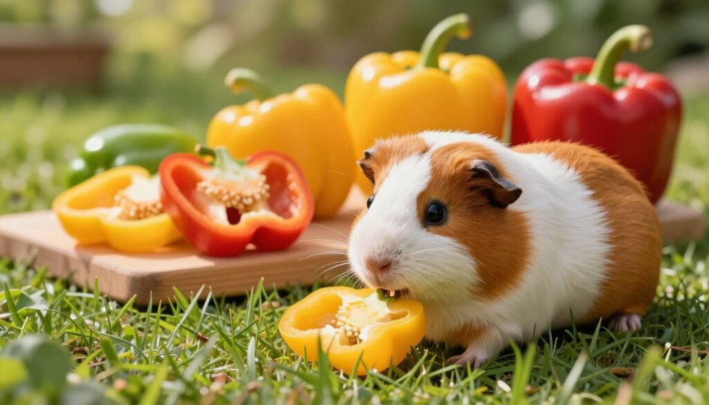 A vibrant and detailed scene featuring a healthy guinea pig enjoying fresh green grass, surrounded by colorful bell peppers in varying hues of red, yellow, and green. The foreground showcases the guinea pig curiously nibbling on a slice of yellow bell pepper, its fur illuminated by soft, natural sunlight. In the middle ground, slices of fresh bell peppers are neatly arranged on a wooden cutting board, emphasizing their freshness and vibrant colors. In the background, a natural setting with a blurred garden view adds depth, enhancing the organic ambiance. The overall mood is warm and inviting, conveying the idea of healthy eating for guinea pigs. The lighting should be soft and warm, creating a wholesome atmosphere. No text, no watermarks, just an illustrative depiction of guinea pig nutrition. A vibrant and detailed scene featuring a healthy guinea pig enjoying fresh green grass, surrounded by colorful bell peppers in varying hues of red, yellow, and green. The foreground showcases the guinea pig curiously nibbling on a slice of yellow bell pepper, its fur illuminated by soft, natural sunlight. In the middle ground, slices of fresh bell peppers are neatly arranged on a wooden cutting board, emphasizing their freshness and vibrant colors. In the background, a natural setting with a blurred garden view adds depth, enhancing the organic ambiance. The overall mood is warm and inviting, conveying the idea of healthy eating for guinea pigs. The lighting should be soft and warm, creating a wholesome atmosphere. No text, no watermarks, just an illustrative depiction of guinea pig nutrition.