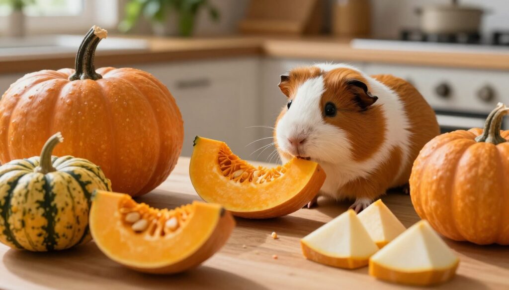 A vibrant and detailed still life showcasing different forms of pumpkin suitable for guinea pigs. In the foreground, a variety of pumpkins including small, sliced, and diced forms, displaying their bright orange and creamy white interiors. In the middle ground, an adorable guinea pig cautiously approaches a slice of pumpkin, its fur gently illuminated by soft, natural light. The background features a warm, rustic kitchen setting with wooden countertops and soft green plants, creating a cozy atmosphere. The lighting is warm and inviting, capturing a homely, safe space for pets. The angle is slightly overhead, allowing a clear view of the interaction between the guinea pig and the pumpkin forms, emphasizing their safe connection. The overall mood is gentle and nurturing, highlighting the theme of pet care.