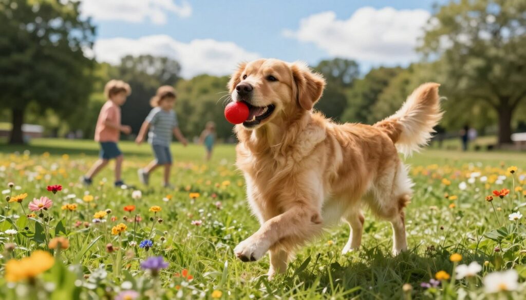 A vibrant and dynamic scene featuring a golden retriever energetically playing in a lush, open park. In the foreground, the golden retriever, with its glossy fur shining in the warm sunlight, joyfully fetches a bright red ball. The dog's playful expression conveys excitement and vitality. In the middle ground, a grassy landscape dotted with colorful wildflowers and a few playful children can be seen, engaged in outdoor activities, adding a sense of energy to the scene. The background features soft-focus trees and a serene blue sky with fluffy white clouds, creating a cheerful and inviting atmosphere. The lighting is bright and natural, enhancing the joy of a perfect day for outdoor activity. The overall mood is lively and cheerful, emphasizing the importance of physical activity and mental stimulation for dogs.