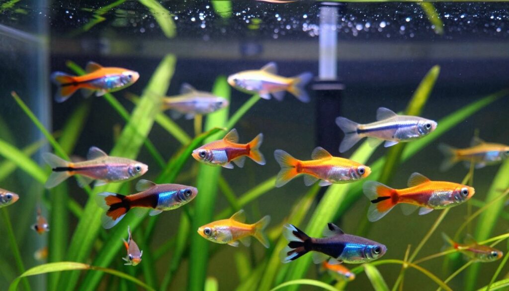A vibrant aquarium scene showcasing a healthy community of fish suited to coexist with guppies. In the foreground, a group of colorful guppies with fin variations swims playfully among lush aquatic plants. The middle ground features peaceful species like neon tetras and small catfish, harmoniously interacting without aggression. The background reveals a well-maintained aquarium with a gentle filter bubbling, creating a serene atmosphere. Soft, natural lighting filters through the water, casting delicate shadows and highlighting the vivid hues of the fish. The overall mood is calm and lively, emphasizing the importance of careful fish selection and the positive impact of compatible companions on guppy well-being.