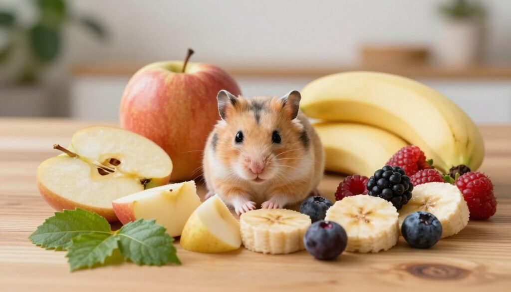 A vibrant assortment of fresh fruits suitable for a hamster's diet, including small pieces of apple, banana, and berries, arranged artfully on a wooden table. In the foreground, a bright green leaf adds a touch of natural color. The middle of the scene captures the fruits in detail, showcasing their textures and juiciness under soft, diffused lighting. The background is softly blurred, suggesting a cozy living space where a hamster might enjoy these treats. The atmosphere is warm and inviting, evoking a sense of care for pets and healthy eating habits. The composition should inspire a feeling of freshness and vitality.