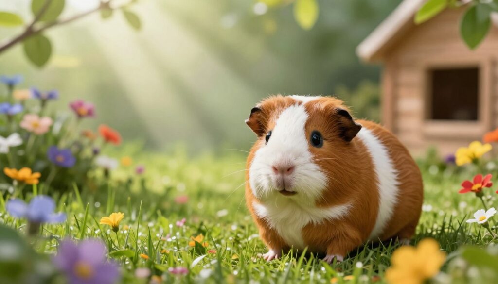 A vibrant, colorful depiction of a guinea pig in a lush, soft-focus environment. In the foreground, feature a curious guinea pig with bright, expressive eyes, showcasing its fur pattern in rich browns and whites. Surround it with fresh greens of grass and colorful wildflowers. In the middle ground, illustrate a gentle play of light and shadow, with rays of soft, diffused sunlight filtering through leafy branches, creating a serene atmosphere. The background should include hints of a cozy habitat, perhaps a simple wooden enclosure or a grassy expanse, with subtle variations in color and light. Capture an overall mood of tranquility and curiosity, highlighting the beauty of the guinea pig’s perception of its colorful surroundings.