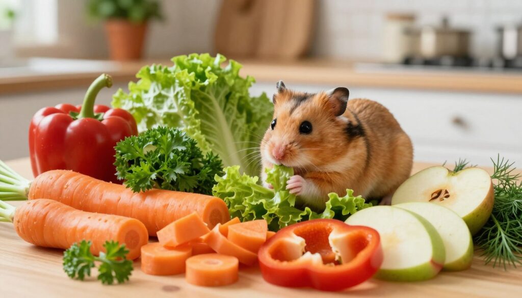 A vibrant, colorful scene showcasing a variety of fresh vegetables, fruits, and herbs suitable for hamsters. In the foreground, a selection of chopped carrots, bell peppers, apple slices, and small bunches of parsley and dill are artistically arranged in a natural setting. The middle ground features a small hamster nibbling on a piece of lettuce, with its fur detailed and glossy, expressing curiosity and delight. The background is softly blurred, depicting a cozy, well-lit kitchen atmosphere with wooden surfaces and potted herbs, creating a warm and inviting mood. Soft natural light illuminates the scene, highlighting the freshness and vibrant colors of the food. The angle should be slightly tilted to create a dynamic composition. A vibrant, colorful scene showcasing a variety of fresh vegetables, fruits, and herbs suitable for hamsters. In the foreground, a selection of chopped carrots, bell peppers, apple slices, and small bunches of parsley and dill are artistically arranged in a natural setting. The middle ground features a small hamster nibbling on a piece of lettuce, with its fur detailed and glossy, expressing curiosity and delight. The background is softly blurred, depicting a cozy, well-lit kitchen atmosphere with wooden surfaces and potted herbs, creating a warm and inviting mood. Soft natural light illuminates the scene, highlighting the freshness and vibrant colors of the food. The angle should be slightly tilted to create a dynamic composition.
