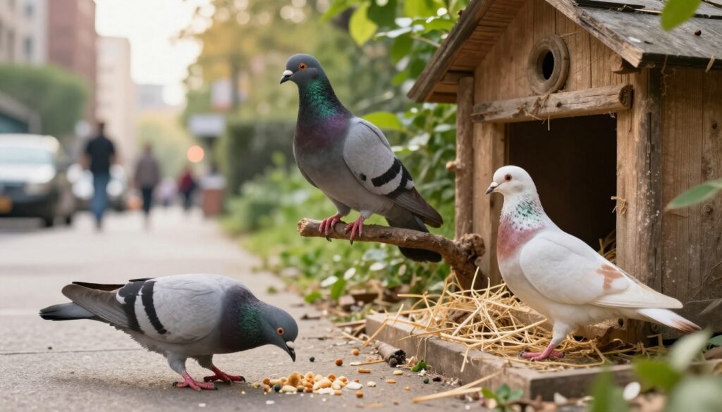 A vibrant scene showcasing three types of pigeons: a city pigeon, a wild pigeon, and a domesticated pigeon. In the foreground, the city pigeon should be depicted pecking at scattered food on a bustling urban sidewalk, showing its adaptability. In the middle, the wild pigeon gracefully perches on a branch in a natural setting, highlighting its connection to nature, while the domesticated pigeon is in a cozy, rustic coop with soft straw bedding. The background features a contrasting cityscape on one side and lush greenery on the other, illustrating different food accessibility. Soft, warm sunlight bathes the scene, creating an inviting atmosphere, with a slight bokeh effect to emphasize the pigeons while keeping the surroundings defined.