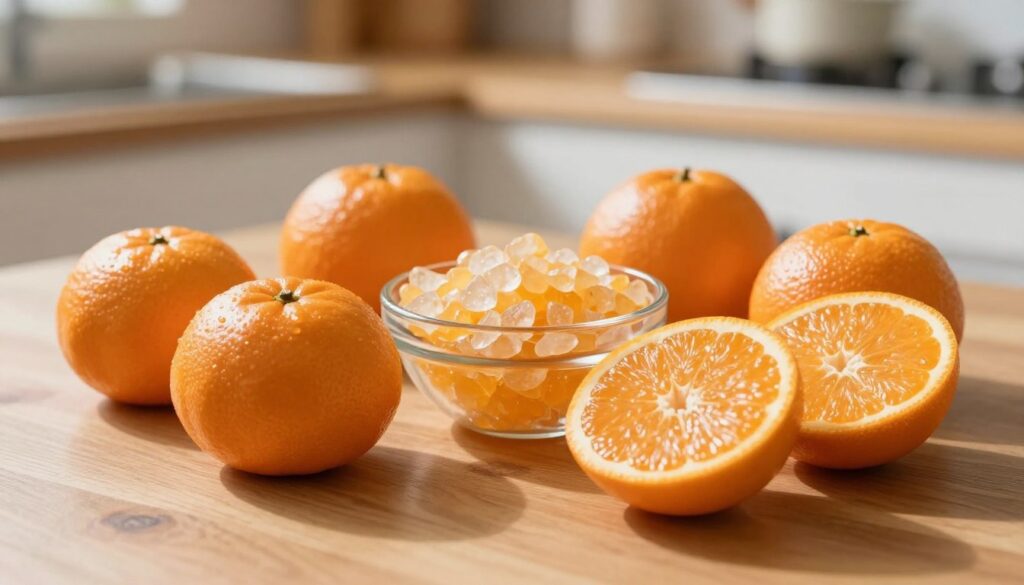A vibrant still life featuring fresh tangerines arranged attractively on a wooden kitchen table, with some tangerines cut open to reveal their juicy, vitamin-rich flesh. The foreground showcases the glossy skin of the whole fruits and the juicy, segmented interior of the halved tangerines. In the middle, include a small glass bowl filled with vitamin C crystals, symbolizing the nutrients found in tangerines. The background should be softly blurred, suggesting a warm, sunlit kitchen atmosphere with soft, natural light illuminating the scene. Use a shallow depth of field to emphasize the tangerines and the vitamin crystals, creating a fresh and inviting mood that highlights the health benefits of citrus fruits.