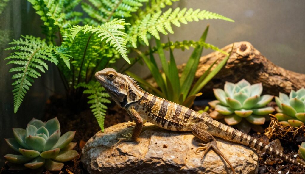 A vibrant terrarium showcasing a healthy lizard in a carefully arranged ecosystem. In the foreground, a beautifully patterned lizard basking on a smooth rock, its scales glinting under warm, natural light. The middle layer features a variety of plants, like lush ferns and small succulents, providing hiding spots and enhancing the habitat's biodiversity. Tiny details include droplets of water on the leaves, suggesting humidity, essential for the lizard’s health. In the background, soft, diffused light casts gentle shadows, creating a serene and lively atmosphere. The composition emphasizes a sense of wellness and care, focusing on the lizard’s thriving environment. Aim for a close-up shot, capturing the intricate details of the lizard's texture and the terrarium's greenery, with a depth of field that softly blurs the background for added focus. A vibrant terrarium showcasing a healthy lizard in a carefully arranged ecosystem. In the foreground, a beautifully patterned lizard basking on a smooth rock, its scales glinting under warm, natural light. The middle layer features a variety of plants, like lush ferns and small succulents, providing hiding spots and enhancing the habitat's biodiversity. Tiny details include droplets of water on the leaves, suggesting humidity, essential for the lizard’s health. In the background, soft, diffused light casts gentle shadows, creating a serene and lively atmosphere. The composition emphasizes a sense of wellness and care, focusing on the lizard’s thriving environment. Aim for a close-up shot, capturing the intricate details of the lizard's texture and the terrarium's greenery, with a depth of field that softly blurs the background for added focus.