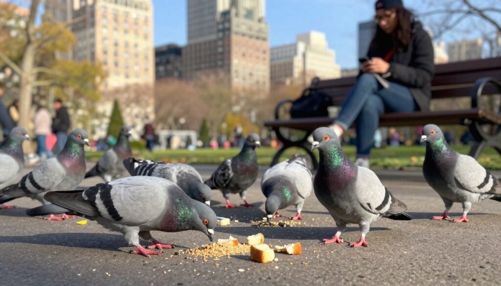 A vibrant urban park scene showcasing a diverse group of pigeons feeding on various food items. In the foreground, several pigeons pecking at grains, seeds, and small pieces of bread scattered on the ground, with intricate feather details capturing their unique plumage. The middle ground features a park bench with a woman casually dressed, sitting and observing the pigeons, emphasizing the human-pigeon interaction. In the background, tall city buildings are softly blurred, providing a bustling urban atmosphere under a clear, blue sky with warm sunlight casting gentle shadows. The mood is lively yet serene, demonstrating the coexistence of wildlife and urban life. Ensure the scene is peaceful and inviting, without any clutter or distractions from the main subject. A vibrant urban park scene showcasing a diverse group of pigeons feeding on various food items. In the foreground, several pigeons pecking at grains, seeds, and small pieces of bread scattered on the ground, with intricate feather details capturing their unique plumage. The middle ground features a park bench with a woman casually dressed, sitting and observing the pigeons, emphasizing the human-pigeon interaction. In the background, tall city buildings are softly blurred, providing a bustling urban atmosphere under a clear, blue sky with warm sunlight casting gentle shadows. The mood is lively yet serene, demonstrating the coexistence of wildlife and urban life. Ensure the scene is peaceful and inviting, without any clutter or distractions from the main subject.