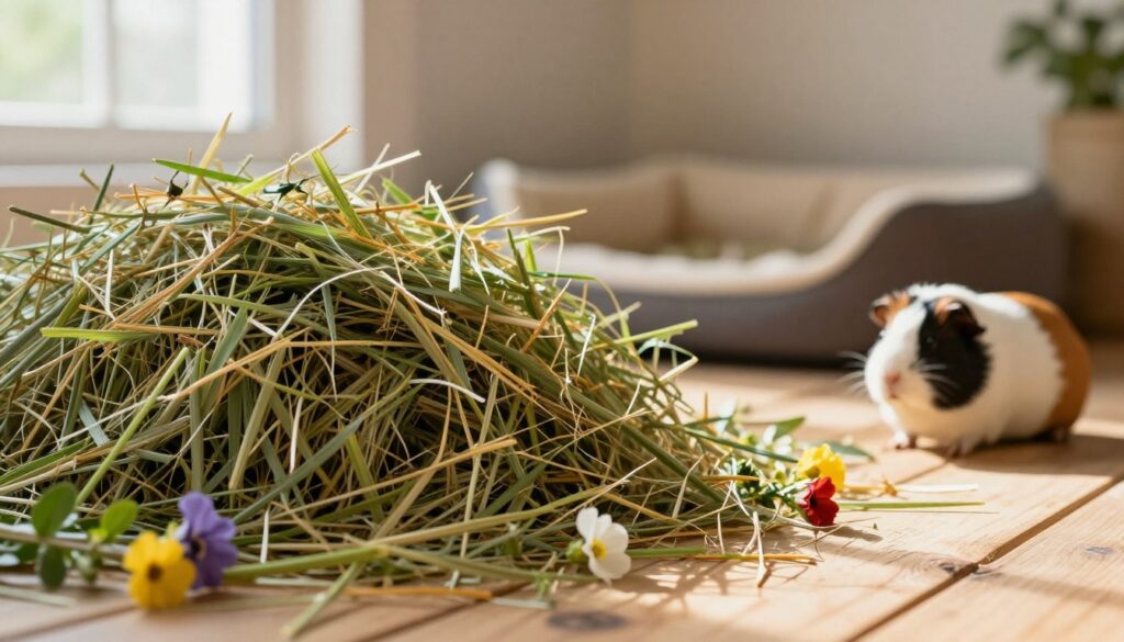 A vivid and detailed depiction of fresh hay (siano) as the focal point, showcasing its lush green and golden hues, scattered organically on a clean, rustic wooden surface. In the foreground, close-up strands of hay are intertwined with small, vibrant flowers and a couple of playful guinea pigs curiously exploring the hay. The middle ground features a serene, soft-focus pet bedding area with soft lighting that casts gentle shadows, emphasizing the texture of the hay. In the background, a cozy and warm environment filled with soft natural light filtering through a nearby window creates a welcoming atmosphere. The overall mood is peaceful and nurturing, illustrating the important role of hay in a guinea pig's diet and dental health.