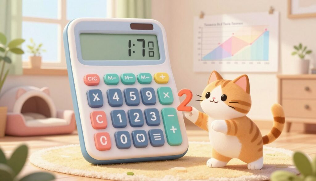 A whimsical and informative illustration depicting a playful cat surrounded by a giant calculator displaying "1:7" prominently. In the foreground, the cat playfully bats at oversized numbers, symbolizing the conversion of cat years to human years. In the middle ground, there are subtle charts and graphs that represent the misconceptions of the "times seven" rule, gently fading into a soft pastel gradient that evokes curiosity. The background features soft, cozy home elements like a cat bed, a sunny window, and houseplants, creating a warm and inviting atmosphere. The lighting is bright and cheerful, with sunlight streaming through the window, creating a lively, engaging scene. The overall mood is playful yet educational, designed to intrigue readers about feline age calculations without distractions like text or watermarks. A whimsical and informative illustration depicting a playful cat surrounded by a giant calculator displaying "1:7" prominently. In the foreground, the cat playfully bats at oversized numbers, symbolizing the conversion of cat years to human years. In the middle ground, there are subtle charts and graphs that represent the misconceptions of the "times seven" rule, gently fading into a soft pastel gradient that evokes curiosity. The background features soft, cozy home elements like a cat bed, a sunny window, and houseplants, creating a warm and inviting atmosphere. The lighting is bright and cheerful, with sunlight streaming through the window, creating a lively, engaging scene. The overall mood is playful yet educational, designed to intrigue readers about feline age calculations without distractions like text or watermarks.