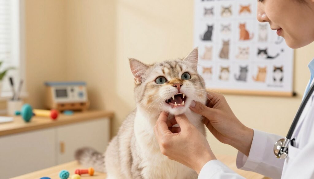 A wise veterinarian in a cozy, softly lit examination room, closely examining the mouth of a fluffy domestic cat to assess its age through its teeth. The cat has a range of visible teeth showing signs of aging, with its bright, expressive eyes reflecting curiosity. In the background, there's a chart on the wall comparing cat years to human years, filled with illustrations of playful cats of varying ages. There's a wooden counter with cat care tools and colorful cat toys scattered about, adding warmth to the scene. The light's warm golden hue creates a calm and inviting atmosphere, enhancing the informative nature of the moment, captured from a slightly elevated angle. A wise veterinarian in a cozy, softly lit examination room, closely examining the mouth of a fluffy domestic cat to assess its age through its teeth. The cat has a range of visible teeth showing signs of aging, with its bright, expressive eyes reflecting curiosity. In the background, there's a chart on the wall comparing cat years to human years, filled with illustrations of playful cats of varying ages. There's a wooden counter with cat care tools and colorful cat toys scattered about, adding warmth to the scene. The light's warm golden hue creates a calm and inviting atmosphere, enhancing the informative nature of the moment, captured from a slightly elevated angle.