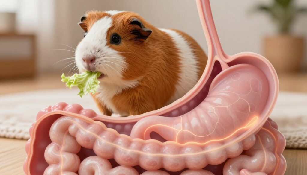 An anatomical illustration of a guinea pig’s digestive system, showcasing its inner workings in vivid detail. In the foreground, a semi-transparent view of the digestive tract, including the stomach and intestines, highlighted with soft, glowing lines to represent gas buildup. In the middle ground, a realistic representation of the guinea pig, curiously nibbling on a cabbage leaf with gentle, natural colors reflecting its fur texture. The background displays a cozy, homey setting with soft lighting, creating a warm atmosphere. Use a slight overhead angle to capture both the guinea pig and the intricate details of its digestive anatomy effectively, ensuring clarity and focus on the digestive process.