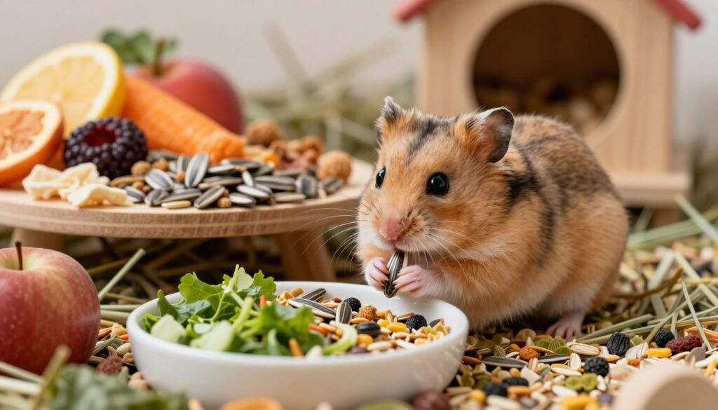 A Dzungarian hamster sitting peacefully in a well-arranged, colorful diet setup. In the foreground, a small dish filled with fresh vegetables, seeds, and pellets specifically designed for hamsters. The middle layer features the hamster nibbling on a sunflower seed, showcasing its fluffy fur and bright eyes. Surrounding it, various healthy food options like dried fruits and hay are artistically placed. The background consists of a cozy habitat, subtly blurred to keep the focus on the hamster and its meal. Soft, warm lighting highlights the textures of the food and the hamster's fur, creating an inviting and vibrant atmosphere. The scene captures the essence of caring for a Dzungarian hamster's health through a balanced diet.