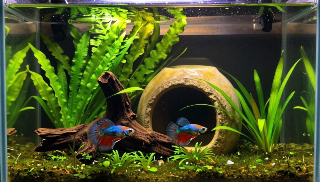 A beautifully arranged betta fish tank showcasing an ideal "bettaarium" environment, with vibrant green aquatic plants like Java fern and Anubias. In the foreground, a serene betta fish swimming gracefully among the lush foliage, highlighting its brilliant colors. The middle ground features natural hiding spots such as driftwood and ceramic caves, providing safe refuges for the fish. In the background, subtle lighting filters through from the top, creating a warm and inviting atmosphere that emphasizes the tranquil habitat. The tank is viewed from a slightly elevated angle to capture the entire layout, ensuring a balanced composition of plants, hiding spots, and the betta fish in its peaceful environment. A beautifully arranged betta fish tank showcasing an ideal "bettaarium" environment, with vibrant green aquatic plants like Java fern and Anubias. In the foreground, a serene betta fish swimming gracefully among the lush foliage, highlighting its brilliant colors. The middle ground features natural hiding spots such as driftwood and ceramic caves, providing safe refuges for the fish. In the background, subtle lighting filters through from the top, creating a warm and inviting atmosphere that emphasizes the tranquil habitat. The tank is viewed from a slightly elevated angle to capture the entire layout, ensuring a balanced composition of plants, hiding spots, and the betta fish in its peaceful environment.