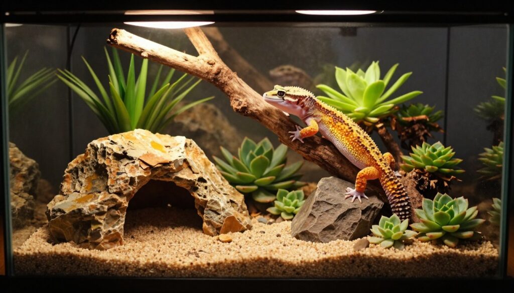 A beautifully designed terrarium for a leopard gecko, showcasing a naturalistic habitat. In the foreground, a vibrant arrangement of rocks, sand, and hiding spots, featuring a small, securely positioned heat lamp casting a warm glow. The middle ground includes lush green plants like succulents and sand-dwelling flora, complemented by climbing branches for the gecko's exploration. The background is softly blurred, revealing the terrarium's glass enclosure, allowing a clear view of the habitat inside. The overall lighting is warm and inviting, creating a serene yet active atmosphere, perfect for a leopard gecko. The composition captures the terrarium's dimensions and thoughtful setup while emphasizing the importance of creating a suitable environment for the gecko.