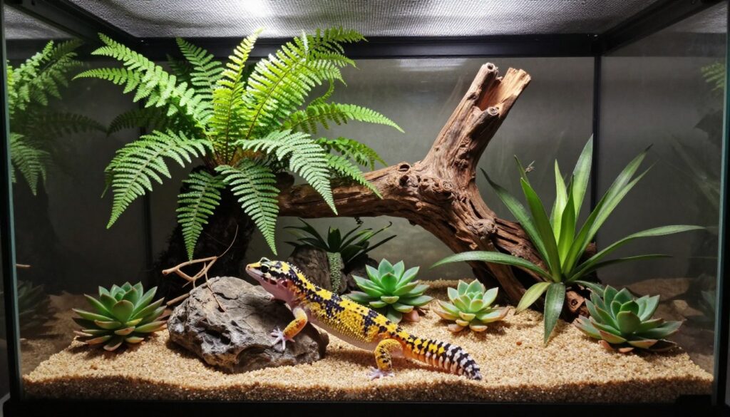 A beautifully designed terrarium for a leopard gecko, showcasing an earthy aesthetic with textured sand and diverse plants. In the foreground, a vibrant leopard gecko is perched on a decorative rock, its striking yellow and black patterns contrasting vividly against the greenery. The middle showcases a variety of lush, reptile-safe plants like ferns and succulents, skillfully arranged to provide shade and climbing opportunities. In the background, sunbeams filter through a mesh top, casting gentle shadows and creating a warm, inviting atmosphere. Use a wide-angle lens to capture the entire terrarium, emphasizing the natural habitat feel. The overall mood is tranquil, emphasizing a healthy, thriving environment for a leopard gecko, reflecting its needs for longevity and well-being.
