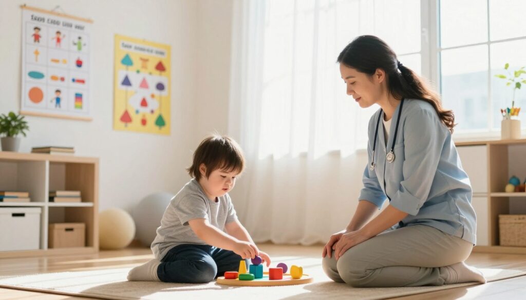 A bright, inviting therapy room filled with natural light and warm colors, showcasing a professional therapist engaging with a young child with Down syndrome. In the foreground, the therapist, a middle-aged woman in smart casual attire, is kneeling beside the child, who is playfully interacting with educational toys. In the middle ground, colorful charts and visuals depicting progress in rehabilitation hang on the walls, emphasizing creativity and learning. In the background, soft sunlight filters through large windows adorned with sheer curtains, creating a peaceful and hopeful atmosphere. The scene conveys a sense of trust, support, and encouragement, illustrating the importance of rehabilitation and early intervention in improving developmental outcomes for children with Down syndrome. A bright, inviting therapy room filled with natural light and warm colors, showcasing a professional therapist engaging with a young child with Down syndrome. In the foreground, the therapist, a middle-aged woman in smart casual attire, is kneeling beside the child, who is playfully interacting with educational toys. In the middle ground, colorful charts and visuals depicting progress in rehabilitation hang on the walls, emphasizing creativity and learning. In the background, soft sunlight filters through large windows adorned with sheer curtains, creating a peaceful and hopeful atmosphere. The scene conveys a sense of trust, support, and encouragement, illustrating the importance of rehabilitation and early intervention in improving developmental outcomes for children with Down syndrome.