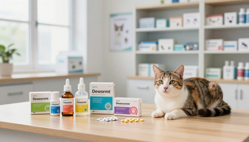 A bright, well-lit veterinarian's clinic interior, showcasing a variety of cat deworming products on a clean wooden table. In the foreground, an assortment of colorful deworming tablets and syrups, neatly arranged next to a small cat in a calm, relaxed position. The background features shelves stocked with pet care supplies, including informative brochures on cat health, creating an educational atmosphere. Soft, natural lighting filters through a window, enhancing the vibrant colors of the products and reflecting a sense of safety and care. The overall mood is professional and reassuring, ideal for conveying the importance of proper pet treatment. A bright, well-lit veterinarian's clinic interior, showcasing a variety of cat deworming products on a clean wooden table. In the foreground, an assortment of colorful deworming tablets and syrups, neatly arranged next to a small cat in a calm, relaxed position. The background features shelves stocked with pet care supplies, including informative brochures on cat health, creating an educational atmosphere. Soft, natural lighting filters through a window, enhancing the vibrant colors of the products and reflecting a sense of safety and care. The overall mood is professional and reassuring, ideal for conveying the importance of proper pet treatment.