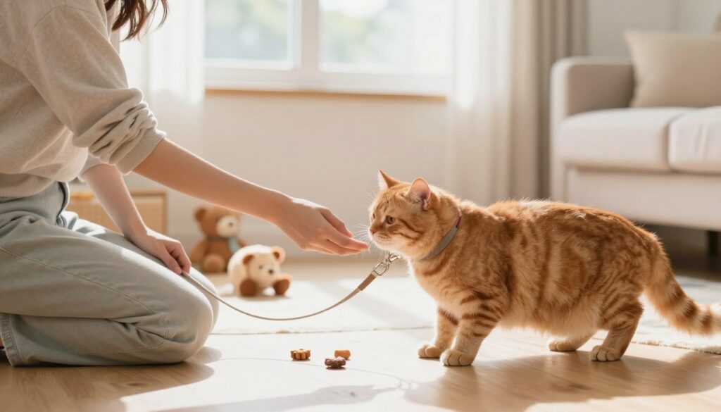 A calm indoor scene depicting a person, dressed in modest casual clothing, gently guiding a fluffy orange tabby cat on a leash. The foreground showcases the person kneeling on a cozy living room floor, extending their hand towards the cat, who is curiously sniffing the leash. In the middle ground, soft toys and a few scattered treats create a relaxed atmosphere that encourages the cat's exploration. The background features a bright window, allowing natural sunlight to illuminate the space, providing warmth and welcoming vibes. The overall mood should reflect patience and positivity, with light pastel colors dominating the palette. A soft focus enhances the scene, emphasizing the bond between the human and the cat while showcasing the process of leash training.