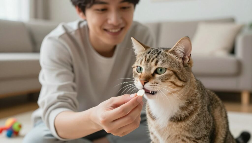 A calm indoor setting featuring a person gently administering a tablet to a domestic cat. The foreground shows a close-up of the person's hand holding a small, round tablet close to the cat's mouth, with the cat displaying a curious but relaxed expression. The middle ground reveals the person's face, showcasing a reassuring smile and patience, dressed in a simple, casual outfit. In the background, a cozy living room environment with soft lighting creates an inviting atmosphere, complemented by a few toys scattered around, adding a playful touch. The overall mood is tranquil and supportive, emphasizing the comfort and care in the process of giving medication to a beloved pet. A calm indoor setting featuring a person gently administering a tablet to a domestic cat. The foreground shows a close-up of the person's hand holding a small, round tablet close to the cat's mouth, with the cat displaying a curious but relaxed expression. The middle ground reveals the person's face, showcasing a reassuring smile and patience, dressed in a simple, casual outfit. In the background, a cozy living room environment with soft lighting creates an inviting atmosphere, complemented by a few toys scattered around, adding a playful touch. The overall mood is tranquil and supportive, emphasizing the comfort and care in the process of giving medication to a beloved pet.