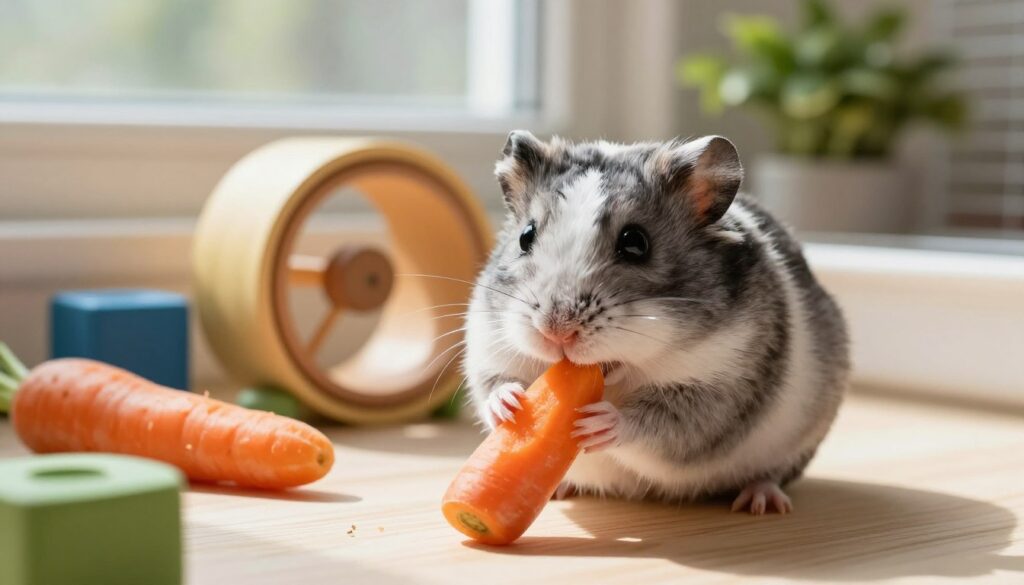 A charming and healthy gray and white syrian hamster, also known as a chomik, sitting comfortably in its cozy, well-decorated cage. In the foreground, the hamster is nibbling on a piece of fresh carrot, its tiny paws grasping the vegetable. The middle ground features a variety of colorful toys, such as a small wheel and tubes, indicating a stimulating environment. Soft natural light filters in from a nearby window, casting gentle shadows and creating a warm atmosphere. The background contains greenery, like a small potted plant, adding to the freshness of the scene. The overall mood is cheerful and inviting, showcasing normal and healthy behavior, while subtly hinting at the importance of attentive care for pet owners.