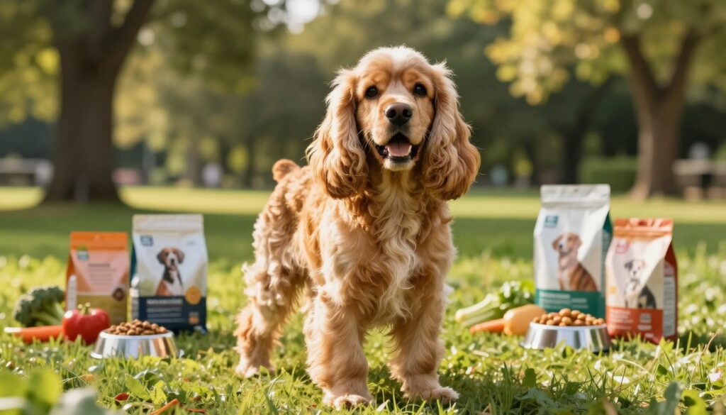 A cheerful English Cocker Spaniel stands proudly in a sunlit, lush green park. The dog has silky, golden fur that glistens in the warm afternoon light, showcasing its playful and affectionate nature. The foreground captures the spaniel's expressive eyes and gentle smile, while its ears cascade elegantly to the sides. In the middle ground, a variety of nutritious dog food options—like high-quality kibble and fresh vegetables—surround a water bowl, symbolizing the importance of healthy nutrition for the spaniel's longevity and well-being. Soft, dappled sunlight filters through the trees in the background, creating a serene and inviting atmosphere. The mood is uplifting and warm, evoking a sense of vitality and health. The image should be taken from a low angle to emphasize the spaniel against the idyllic natural setting. A cheerful English Cocker Spaniel stands proudly in a sunlit, lush green park. The dog has silky, golden fur that glistens in the warm afternoon light, showcasing its playful and affectionate nature. The foreground captures the spaniel's expressive eyes and gentle smile, while its ears cascade elegantly to the sides. In the middle ground, a variety of nutritious dog food options—like high-quality kibble and fresh vegetables—surround a water bowl, symbolizing the importance of healthy nutrition for the spaniel's longevity and well-being. Soft, dappled sunlight filters through the trees in the background, creating a serene and inviting atmosphere. The mood is uplifting and warm, evoking a sense of vitality and health. The image should be taken from a low angle to emphasize the spaniel against the idyllic natural setting.