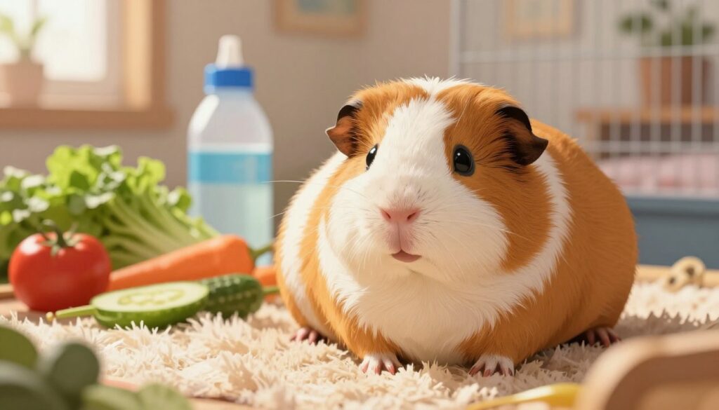 A close-up and detailed illustration of a pregnant guinea pig in a cozy and nurturing environment. The guinea pig is plump and healthy, with a shiny coat, resting on soft, fluffy bedding in a spacious cage. In the foreground, focus on the guinea pig's expression, showcasing calmness and contentment. In the middle ground, include fresh vegetables and a water bottle, reflecting careful care and a healthy diet. The background is softly blurred, featuring a warm, inviting room with natural light filtering through a window, creating a peaceful atmosphere. The image conveys a sense of love and attention towards the pet, emphasizing the importance of monitoring a guinea pig's health during pregnancy. A close-up and detailed illustration of a pregnant guinea pig in a cozy and nurturing environment. The guinea pig is plump and healthy, with a shiny coat, resting on soft, fluffy bedding in a spacious cage. In the foreground, focus on the guinea pig's expression, showcasing calmness and contentment. In the middle ground, include fresh vegetables and a water bottle, reflecting careful care and a healthy diet. The background is softly blurred, featuring a warm, inviting room with natural light filtering through a window, creating a peaceful atmosphere. The image conveys a sense of love and attention towards the pet, emphasizing the importance of monitoring a guinea pig's health during pregnancy.