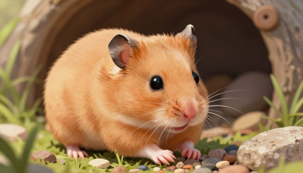 A close-up illustration of a Syrian hamster engaged in using its whiskers, or vibrissae, to explore its environment, emphasizing its heightened sense of touch and hearing. The foreground showcases the hamster's delicate whiskers twitching as it investigates a textured surface, with its ears perked up, capturing sounds around it. In the middle ground, soft, warm lighting emphasizes the hamster's fur texture, while hints of vibrant colors reflect a natural habitat filled with grass and small pebbles. The background features a blurred, peaceful setting, suggesting a cozy burrow filled with soft bedding. The atmosphere is calm and curious, inviting the viewer to appreciate the sensory world of the hamster.