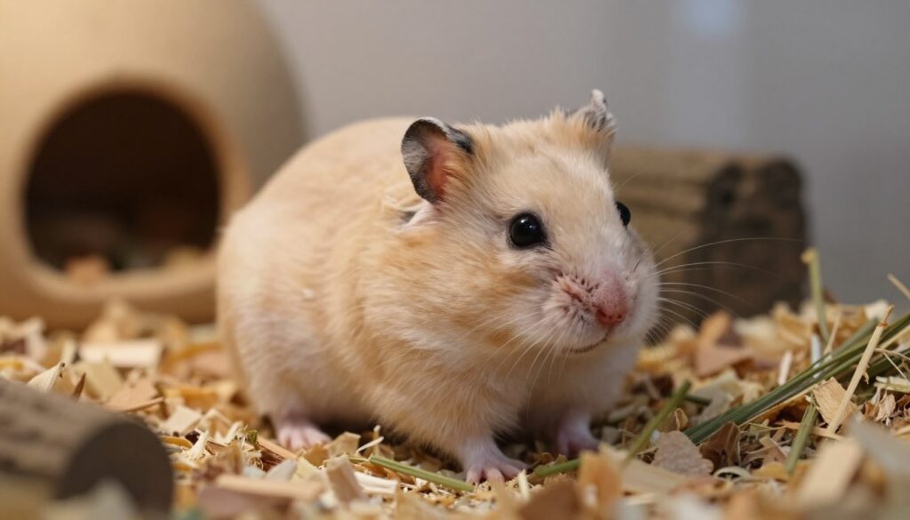 A close-up image of a Dzungarian hamster in a cozy habitat, displaying signs of health issues such as lethargy and a ruffled coat. The hamster, with its soft, fluffy fur and small, rounded eyes, is situated in a well-decorated enclosure filled with natural materials like wood shavings, hay, and small hiding spots. In the background, a soft-focus environment includes a warm light casting gentle shadows, enhancing the atmosphere of concern and care. The overall mood is subtle yet informative, highlighting the importance of recognizing health symptoms in hamsters. Use a macro lens perspective to capture intricate details of the hamster’s condition, with composition framed to draw attention to the animal's expressions and posture.