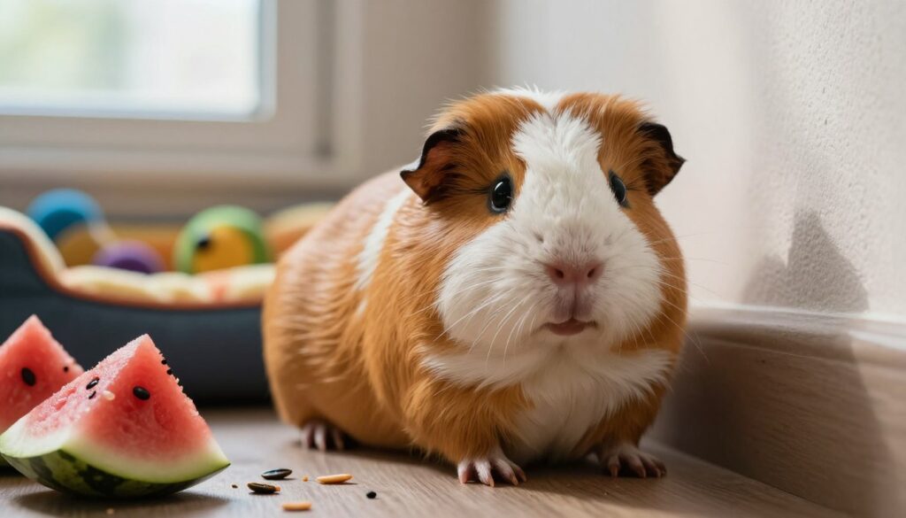 A close-up image of a worried-looking guinea pig in a cozy indoor setting, showcasing signs of discomfort. The foreground features the guinea pig with its fur slightly ruffled, sitting in a corner of a softly lit room. Its eyes are wide and expressive, conveying concern. Surrounding it are remnants of watermelon and seeds, illustrating potential food hazards. In the background, gentle natural light filters through a window, casting soft shadows on a colorful pet bed and scattered toys. The focus is sharp on the guinea pig while the background is slightly blurred, creating an intimate and concerned atmosphere. The overall mood is one of caution, reflecting the importance of pet care and safe feeding practices.
