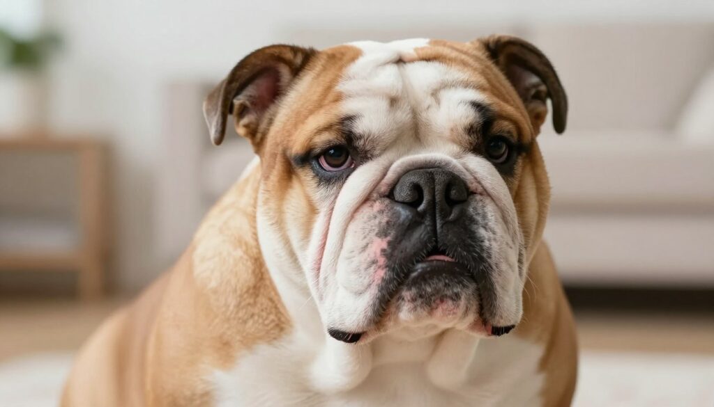 A close-up image of an English Bulldog with respiratory issues, showcasing its distinctive wrinkled face and short muzzle, which should visibly exhibit signs of difficulty in breathing. The bulldog should be depicted in a gentle, sympathetic pose, perhaps slightly tilted to one side with a concerned expression. The background features a soft-focus setting of a cozy home environment, with warm, natural lighting illuminating the dog's features. Utilize a shallow depth of field to emphasize the bulldog while softly blurring the background. The overall mood of the image is caring and informative, aimed at raising awareness about the breathing problems faced by this breed. A close-up image of an English Bulldog with respiratory issues, showcasing its distinctive wrinkled face and short muzzle, which should visibly exhibit signs of difficulty in breathing. The bulldog should be depicted in a gentle, sympathetic pose, perhaps slightly tilted to one side with a concerned expression. The background features a soft-focus setting of a cozy home environment, with warm, natural lighting illuminating the dog's features. Utilize a shallow depth of field to emphasize the bulldog while softly blurring the background. The overall mood of the image is caring and informative, aimed at raising awareness about the breathing problems faced by this breed.