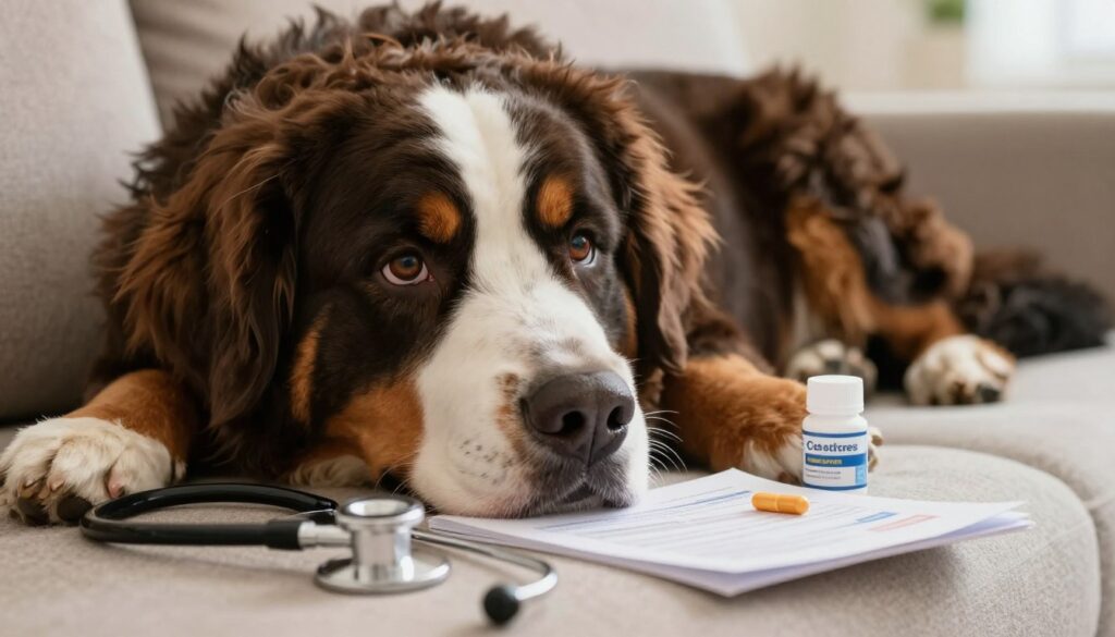 A close-up of a Bernese Mountain Dog lying on a soft couch, displaying a concerned expression as it lies next to medical supplies like a stethoscope and joint supplements. In the foreground, focus on the dog's brown and white fur, capturing the details of its expressive eyes and gentle demeanor. In the middle, arrange the supplements and a care guide on pet health, ensuring they appear inviting and informative. The background is softly blurred, hinting at a cozy living room atmosphere with warm lighting, evoking a sense of care and comfort. The overall mood is earnest and reflective, emphasizing the importance of recognizing and supporting a dog’s health.