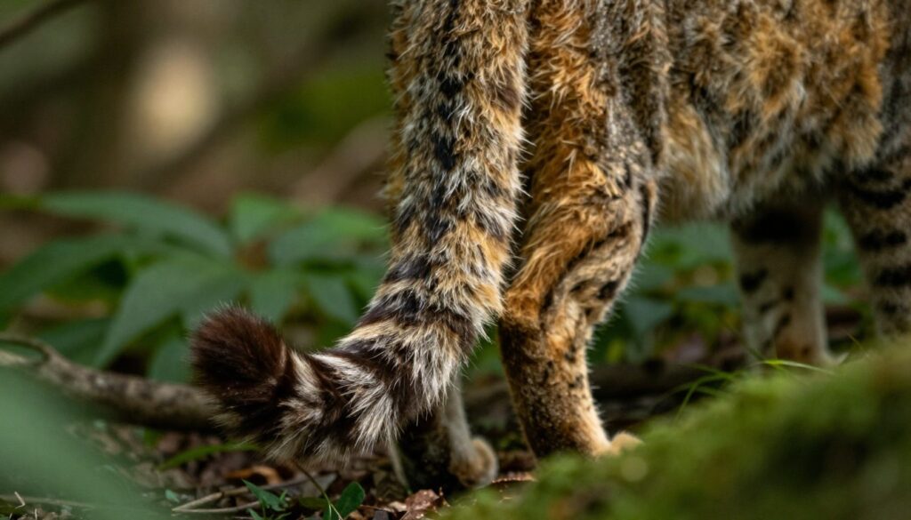 A close-up of a European wildcat's tail, showcasing the distinctive features that differentiate it from a domestic cat's tail. The foreground displays the wildcat’s tail, rugged and bushy, with a pointed tip and prominent spots. The middle ground features the wildcat’s body partially visible, with its unique fur pattern of yellow and brown hues blending into the background of a lush forest. Soft natural light filters through the trees, casting gentle shadows that enhance the texture of the fur. The atmosphere is serene and slightly mysterious, evoking the wild habitat where these animals roam. The focus should be sharp on the tail while the surrounding elements are slightly blurred, creating a sense of depth. A close-up of a European wildcat's tail, showcasing the distinctive features that differentiate it from a domestic cat's tail. The foreground displays the wildcat’s tail, rugged and bushy, with a pointed tip and prominent spots. The middle ground features the wildcat’s body partially visible, with its unique fur pattern of yellow and brown hues blending into the background of a lush forest. Soft natural light filters through the trees, casting gentle shadows that enhance the texture of the fur. The atmosphere is serene and slightly mysterious, evoking the wild habitat where these animals roam. The focus should be sharp on the tail while the surrounding elements are slightly blurred, creating a sense of depth.