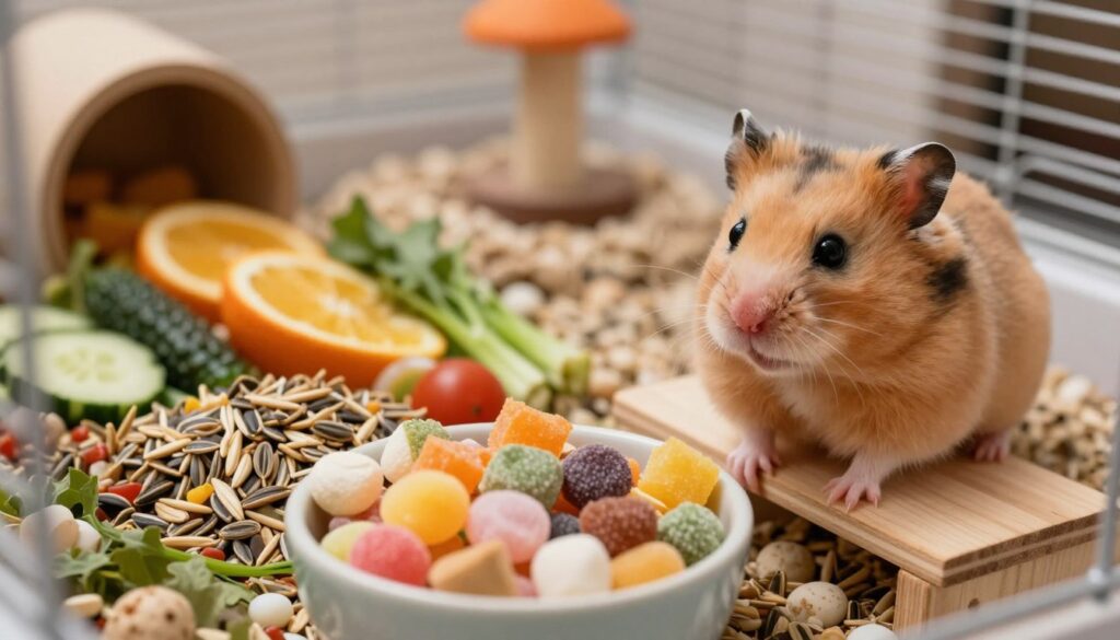 A close-up of a Syrian hamster in a well-organized cage, surrounded by common dietary mistakes. In the foreground, the hamster is perched on a small wooden platform, with a worried expression, looking at a bowl filled with inappropriate foods such as sugary treats and citrus fruits. In the middle area, a variety of healthy options, like fresh vegetables and seeds, are neatly arranged to contrast against the unhealthy choices. The background shows a cozy habitat with soft bedding and chew toys, illuminated by soft, warm lighting to create a friendly atmosphere. The camera angle is slightly tilted to emphasize the hamster's confusion and the contrasting foods, highlighting the importance of proper diet.