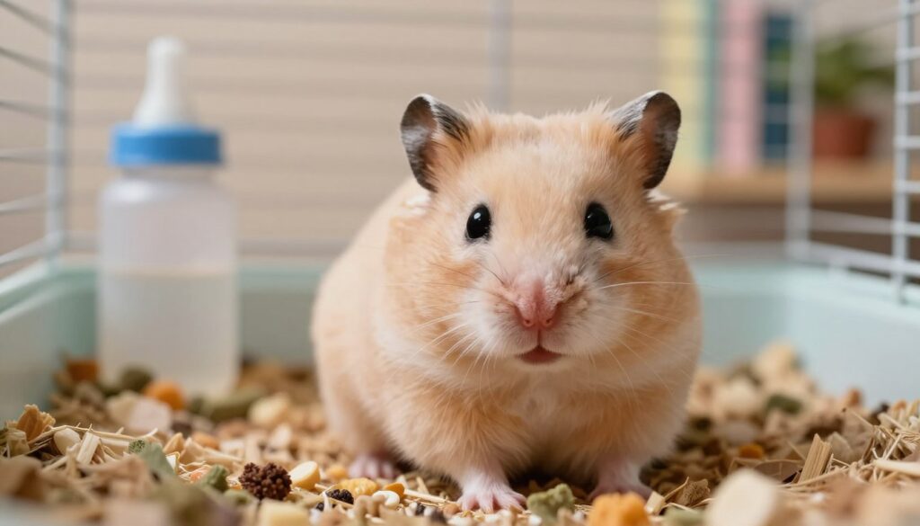 A close-up of a fluffy, concerned Syrian hamster sitting in its cage, displaying subtle signs of illness: droopy ears, slightly ruffled fur, and a hesitant posture. In the foreground, focus on the hamster's expressive eyes, highlighting its vulnerability. The middle ground showcases the interior of the cage, featuring natural bedding, a water bottle, and healthy food scattered around, with a backdrop of soft, warm lighting to create a nurturing ambiance. The background subtly suggests a cozy room environment, perhaps with a blurred shelf of pet care books or a gentle plant, enhancing the sense of urgency and care. The overall mood is alert and compassionate, emphasizing the importance of recognizing signs of illness in pet hamsters. A close-up of a fluffy, concerned Syrian hamster sitting in its cage, displaying subtle signs of illness: droopy ears, slightly ruffled fur, and a hesitant posture. In the foreground, focus on the hamster's expressive eyes, highlighting its vulnerability. The middle ground showcases the interior of the cage, featuring natural bedding, a water bottle, and healthy food scattered around, with a backdrop of soft, warm lighting to create a nurturing ambiance. The background subtly suggests a cozy room environment, perhaps with a blurred shelf of pet care books or a gentle plant, enhancing the sense of urgency and care. The overall mood is alert and compassionate, emphasizing the importance of recognizing signs of illness in pet hamsters.
