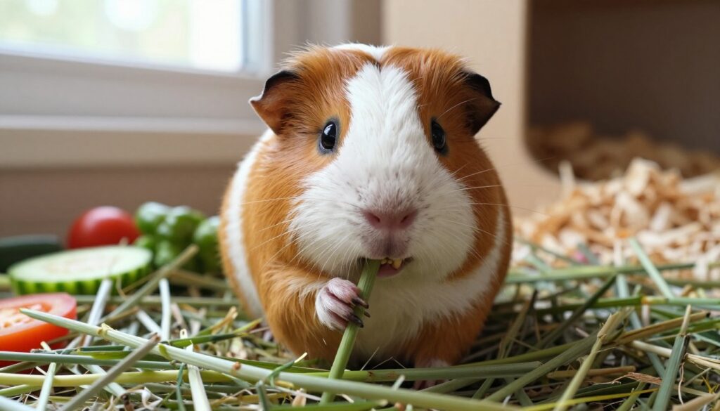 A close-up of a guinea pig chewing on fresh hay, showcasing its teeth in action. The foreground features the guinea pig, with its fur softly illuminated, highlighting the texture and details of its features. The middle ground includes a pile of vibrant, green hay and a few colorful veggies scattered around, emphasizing the natural feeding environment. In the background, there's a soft-focus view of a cozy, well-lit indoor setting resembling a pet habitat, adorned with wood shavings and gentle natural light filtering through a window. The scene conveys a warm and nurturing atmosphere, symbolizing the importance of natural chewing and dental health for pets. A close-up of a guinea pig chewing on fresh hay, showcasing its teeth in action. The foreground features the guinea pig, with its fur softly illuminated, highlighting the texture and details of its features. The middle ground includes a pile of vibrant, green hay and a few colorful veggies scattered around, emphasizing the natural feeding environment. In the background, there's a soft-focus view of a cozy, well-lit indoor setting resembling a pet habitat, adorned with wood shavings and gentle natural light filtering through a window. The scene conveys a warm and nurturing atmosphere, symbolizing the importance of natural chewing and dental health for pets.