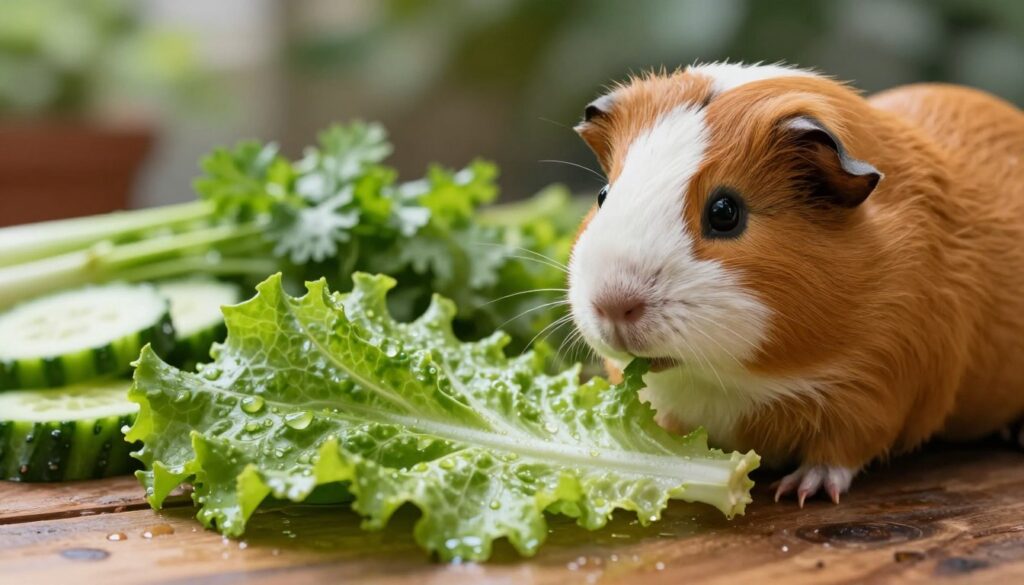 A close-up of a guinea pig curiously examining wet lettuce leaves on a wooden surface, with droplets of moisture glistening on the leaves. In the foreground, the guinea pig's soft fur is in sharp focus, while the vibrant green of the lettuce creates a rich texture, illustrating potential health risks associated with wet foods. In the middle ground, an assortment of other moist vegetables and herbs like cucumber slices and cilantro adds variety, subtly indicating dangers of spoilage. The background fades softly, featuring a blurred garden environment that suggests a natural habitat, illuminated by gentle, diffused sunlight creating a warm and inviting atmosphere. The overall mood is informative yet light, capturing the essence of caution around wet foods for small pets.