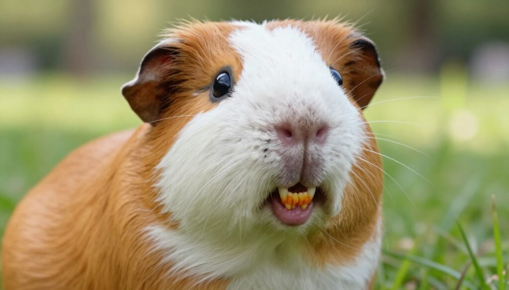 A close-up of a healthy guinea pig’s teeth, showing the vibrant yellow-orange incisors and the pearly white molars, highlighting their unique structure. The foreground displays the guinea pig's open mouth, focusing on the teeth, with a smooth and glossy coat reflecting soft light. The middle ground includes the animal's adorable, expressive eyes, illustrating its curious nature. The background features a blurred, natural setting with green grass and gentle sunlight filtering through the leaves, creating a serene and peaceful atmosphere. The overall mood is informative and engaging, capturing the essence of what healthy guinea pig teeth should look like while providing clarity and focus on the dental structure. High-resolution, with soft focus on the background, emphasizing the subject's details. A close-up of a healthy guinea pig’s teeth, showing the vibrant yellow-orange incisors and the pearly white molars, highlighting their unique structure. The foreground displays the guinea pig's open mouth, focusing on the teeth, with a smooth and glossy coat reflecting soft light. The middle ground includes the animal's adorable, expressive eyes, illustrating its curious nature. The background features a blurred, natural setting with green grass and gentle sunlight filtering through the leaves, creating a serene and peaceful atmosphere. The overall mood is informative and engaging, capturing the essence of what healthy guinea pig teeth should look like while providing clarity and focus on the dental structure. High-resolution, with soft focus on the background, emphasizing the subject's details.