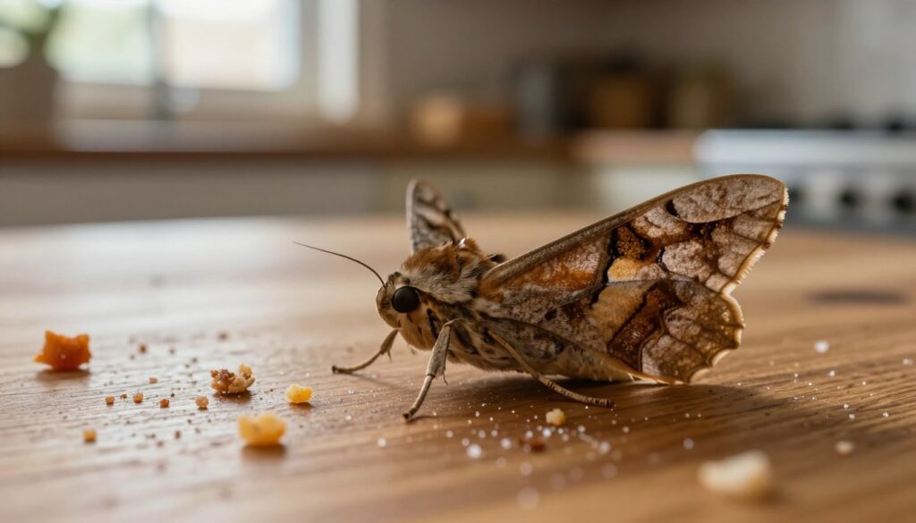 A close-up of a moth sitting delicately on a wooden kitchen table, surrounded by small crumbs of food that hint at its diet, such as sugar granules and fruit pieces. The moth's wings should be richly detailed, showcasing a spectrum of earthy tones like browns and tans, juxtaposed against the grainy texture of the wood. In the background, soft, warm lighting filters through a nearby window, creating a cozy and inviting atmosphere. The focus is sharp on the moth, while the background has a gentle blur, emphasizing the subject. The composition should evoke curiosity and a sense of wonder, highlighting the moth's presence in a typical home setting. A close-up of a moth sitting delicately on a wooden kitchen table, surrounded by small crumbs of food that hint at its diet, such as sugar granules and fruit pieces. The moth's wings should be richly detailed, showcasing a spectrum of earthy tones like browns and tans, juxtaposed against the grainy texture of the wood. In the background, soft, warm lighting filters through a nearby window, creating a cozy and inviting atmosphere. The focus is sharp on the moth, while the background has a gentle blur, emphasizing the subject. The composition should evoke curiosity and a sense of wonder, highlighting the moth's presence in a typical home setting.