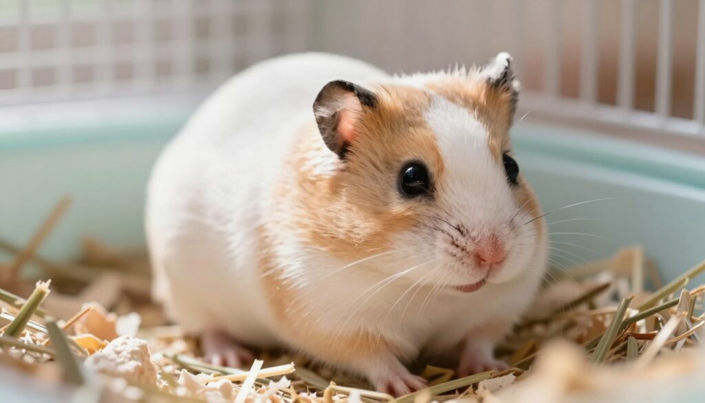 A close-up of a pregnant hamster, showcasing its round belly and soft fur, nestled comfortably in a cozy cage environment. The foreground features the hamster's small, delicate paws and whiskers, highlighting its gentle nature. In the middle ground, add soft bedding materials, like shredded paper and tender hay, creating a nurturing atmosphere. The background consists of a subtle blur of soft pastel colors, representing a tranquil and safe space. The lighting is warm and natural, mimicking the glow of morning sunlight filtering into the scene, enhancing the mood of serenity and comfort. Capture this moment from a slightly elevated angle to create an intimate perspective on the hamster’s pregnancy, evoking empathy and curiosity.