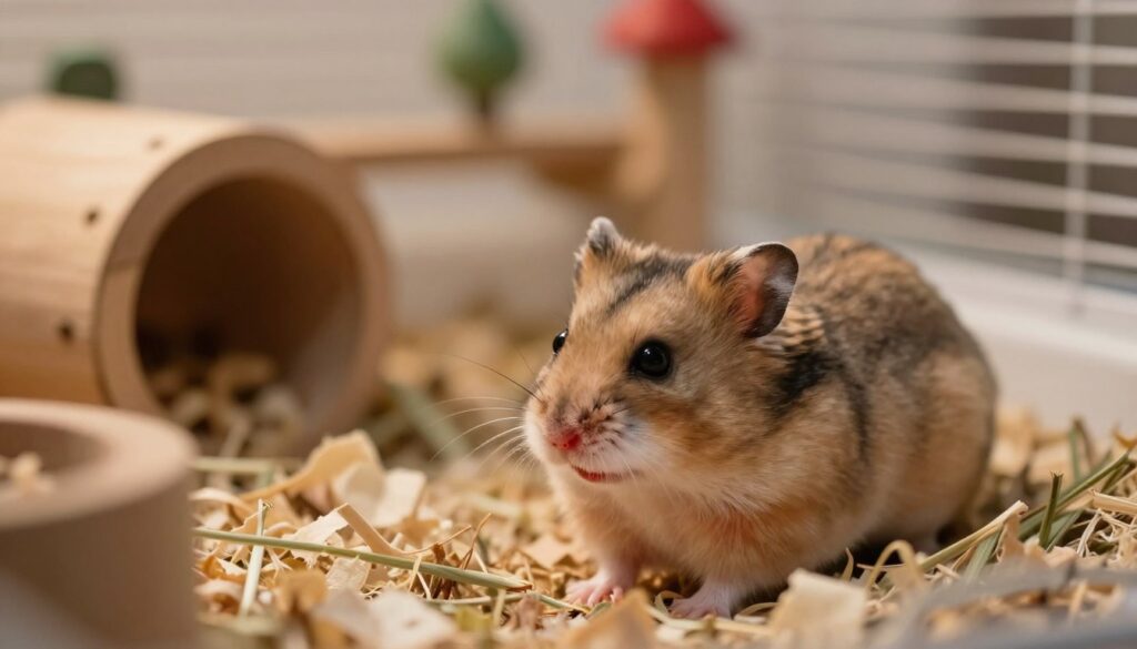 A close-up of a small hamster in a cozy, natural habitat setting, showcasing signs of hormonal changes. The foreground focuses on the hamster, with its fur gently illuminated by soft, warm lighting to highlight its features and expressions. A subtle hint of red around its hind area suggests the topic of bleeding, rendered sensitively to ensure it appears educational rather than alarming. In the middle ground, a small and clean bedding area with soft, natural materials such as shredded paper and hay is visible, emphasizing a comfortable home environment. The background features blurred elements of a spacious cage, filled with wooden tunnels and small toys, creating a peaceful atmosphere that reflects the life of a hamster during its estrus cycle. There is an overall calm and informative mood, suitable for an illustrative educational article. A close-up of a small hamster in a cozy, natural habitat setting, showcasing signs of hormonal changes. The foreground focuses on the hamster, with its fur gently illuminated by soft, warm lighting to highlight its features and expressions. A subtle hint of red around its hind area suggests the topic of bleeding, rendered sensitively to ensure it appears educational rather than alarming. In the middle ground, a small and clean bedding area with soft, natural materials such as shredded paper and hay is visible, emphasizing a comfortable home environment. The background features blurred elements of a spacious cage, filled with wooden tunnels and small toys, creating a peaceful atmosphere that reflects the life of a hamster during its estrus cycle. There is an overall calm and informative mood, suitable for an illustrative educational article.