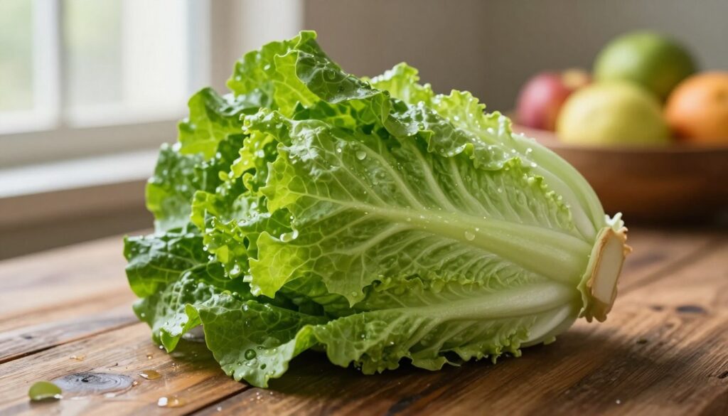 A close-up of fresh, crisp iceberg lettuce, showcasing its vibrant green leaves with intricate textures and layers. The lettuce is placed on a rustic wooden table, with drops of water glistening on its surface, creating a sense of freshness and vitality. In the background, soft natural light filters through a window, casting gentle shadows that emphasize the lettuce's contours. A blurred bowl of assorted fruits can be seen, adding a pop of color without distracting from the main subject. The overall atmosphere is calm and serene, highlighting the healthy aspect of food and raising awareness of dietary choices for pets.