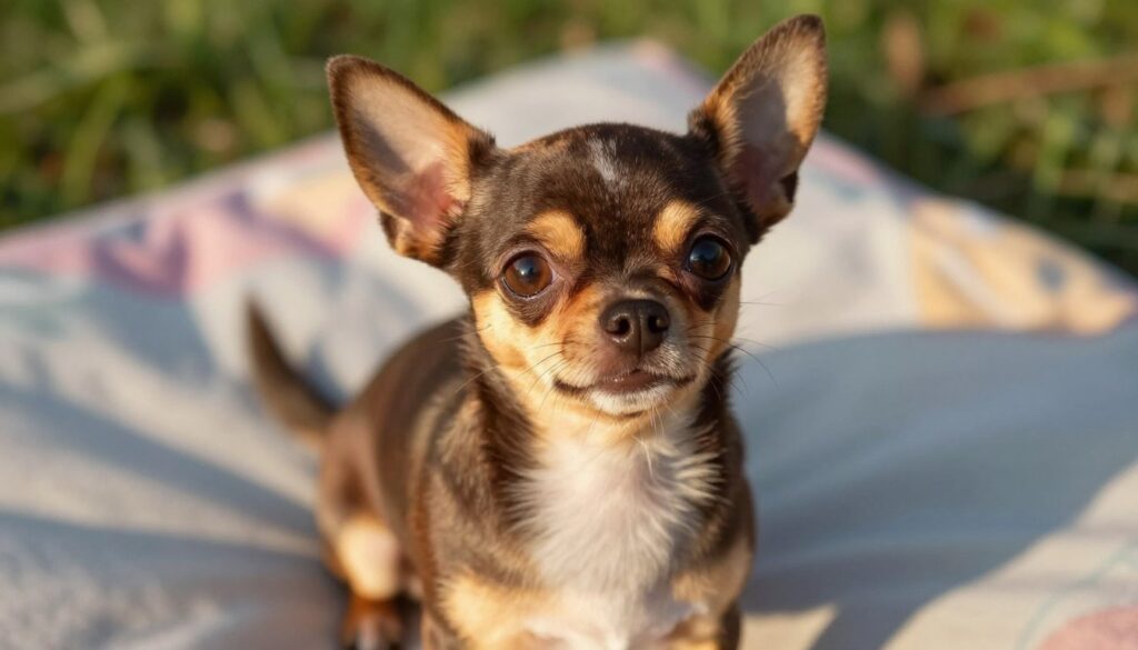 A close-up portrait of a healthy, playful chihuahua with a shiny coat, showcasing its distinct features like large, expressive eyes and perked ears. The chihuahua should be sitting on a soft, colorful blanket that provides a cozy and inviting atmosphere. In the background, softly blurred greenery suggests an outdoor setting, hinting at a safe and playful environment. The lighting is warm and natural, simulating an afternoon sun gently illuminating the chihuahua, giving the fur a vibrant glow. The angle is slightly from above, capturing the dog's playful stance and inquisitive expression. Overall, the image conveys a sense of warmth, health, and vitality, emphasizing the joy of owning a chihuahua while subtly highlighting the importance of attention to their specific health needs.