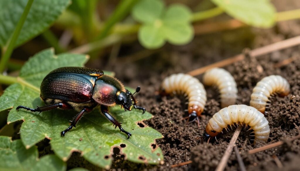 A close-up view of a May beetle (chrobąszcz majowy) in a natural setting, showcasing the beetle's iridescent shell and detailed textures. In the foreground, emphasize the adult beetle perched on green foliage, with visible damage to the leaves indicating the impact of these insects. In the middle ground, several white grubs (pędraki) are emerging from the soil, displaying their characteristic shapes and features. Surround the scene with rich, blurred vegetation to provide a lush backdrop, enhancing the focus on the beetles and grubs. Warm, natural lighting illuminates the scene, creating a vibrant and slightly dramatic atmosphere. Use a shallow depth of field to add depth, highlighting the details of the insects against the soft, blurred greenery.