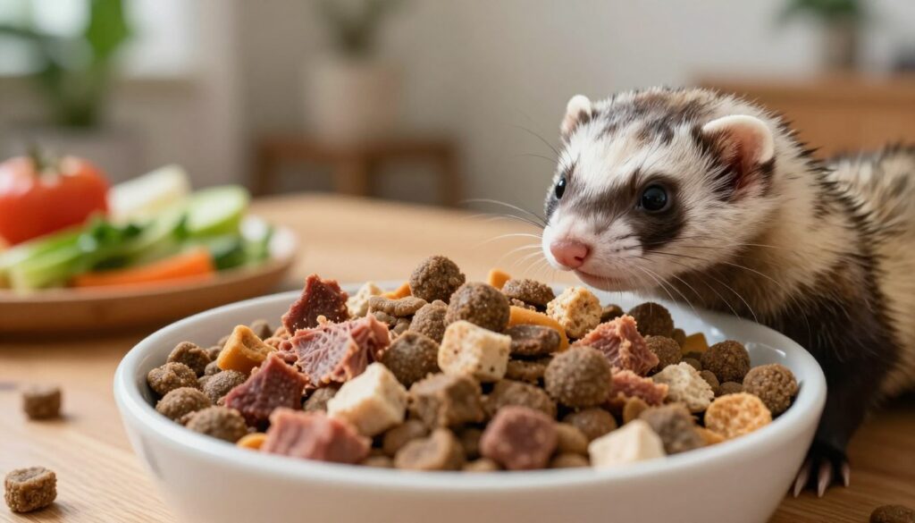 A close-up view of a bowl filled with high-quality ferret food, showcasing a variety of kibbles, dried meat, and protein-rich treats. In the foreground, a curious ferret peers over the edge of the bowl, its fur gleaming in soft, natural light. The middle layer features a wooden table setting with some scattered kibble and a fresh vegetable garnish, hinting at a balanced diet. The background reveals a cozy indoor environment with plants and soft lighting, creating a warm atmosphere. The image should convey a sense of health and vitality, focusing on the importance of choosing the right food for ferrets. Use a slight depth of field to keep the ferret and bowl in sharp focus while softly blurring the background. A close-up view of a bowl filled with high-quality ferret food, showcasing a variety of kibbles, dried meat, and protein-rich treats. In the foreground, a curious ferret peers over the edge of the bowl, its fur gleaming in soft, natural light. The middle layer features a wooden table setting with some scattered kibble and a fresh vegetable garnish, hinting at a balanced diet. The background reveals a cozy indoor environment with plants and soft lighting, creating a warm atmosphere. The image should convey a sense of health and vitality, focusing on the importance of choosing the right food for ferrets. Use a slight depth of field to keep the ferret and bowl in sharp focus while softly blurring the background.