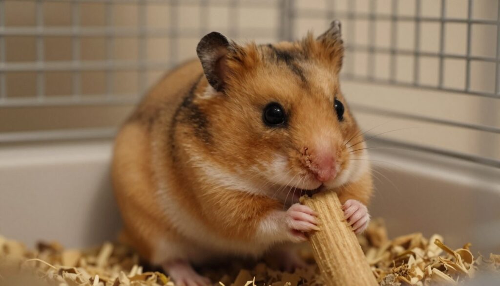 A close-up view of a curious hamster, "chomik," sitting inside its cage, highlighting its small, round body and soft, fuzzy fur with shades of brown and white. The hamster is nibbling on a wooden chew toy, showcasing its natural behavior of gnawing. In the background, there are cage bars, slightly blurred to emphasize depth and focus on the hamster. Soft, warm lighting illuminates the scene, giving a cozy atmosphere. Shadows subtly depict the texture of the bedding at the bottom of the cage, adding to the realism. The lens should capture the hamster's expressive eyes and attentive posture, conveying the inquisitive nature of this small pet. Overall, an inviting and engaging image evocative of a hamster's environment. A close-up view of a curious hamster, "chomik," sitting inside its cage, highlighting its small, round body and soft, fuzzy fur with shades of brown and white. The hamster is nibbling on a wooden chew toy, showcasing its natural behavior of gnawing. In the background, there are cage bars, slightly blurred to emphasize depth and focus on the hamster. Soft, warm lighting illuminates the scene, giving a cozy atmosphere. Shadows subtly depict the texture of the bedding at the bottom of the cage, adding to the realism. The lens should capture the hamster's expressive eyes and attentive posture, conveying the inquisitive nature of this small pet. Overall, an inviting and engaging image evocative of a hamster's environment.